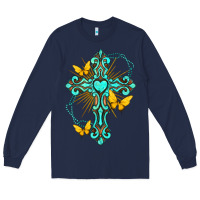 Cross With Heart Shaped Gemstone And Butterfly Long Sleeve Tee | Teevron