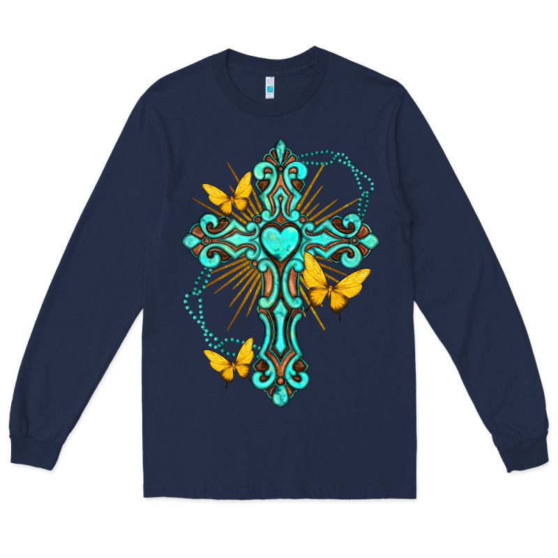 Cross With Heart Shaped Gemstone And Butterfly Long Sleeve Tee by texasbilliewilder | Teevron