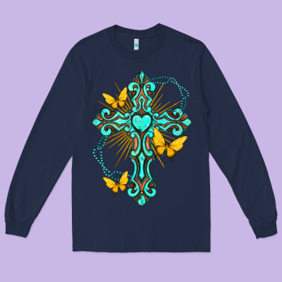 Long Sleeve Tee cross with heart shaped gemstone and butterfly