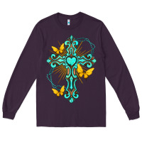 Plum cross with heart shaped gemstone and butterfly Long Sleeve Tee - texasbilliewilder