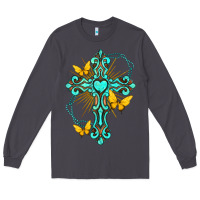 Smoke cross with heart shaped gemstone and butterfly Long Sleeve Tee - texasbilliewilder