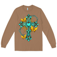 Toasted Coconut cross with heart shaped gemstone and butterfly Long Sleeve Tee - texasbilliewilder