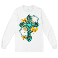 White cross with heart shaped gemstone and butterfly Long Sleeve Tee - texasbilliewilder