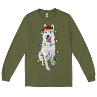 Army Green Christmas White Shepherd With Christmas Lights Long Sleeve Tee - RanaPortraitStore