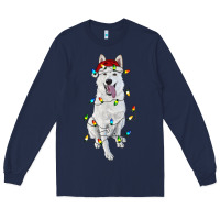 Navy Christmas White Shepherd With Christmas Lights Long Sleeve Tee - RanaPortraitStore