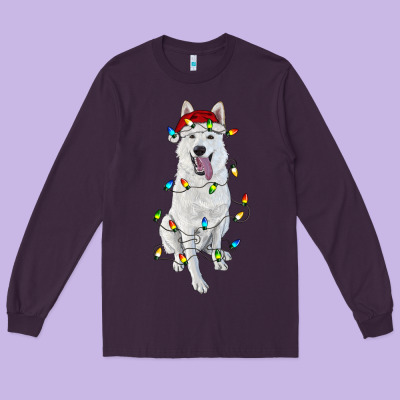 Long Sleeve Tee Christmas White Shepherd With Christmas Lights