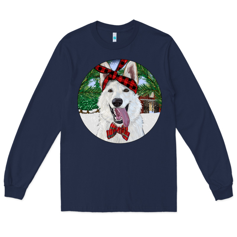 Christmas White Shepherd With Cowhide Long Sleeve Tee by RanaPortraitStore | Teevron
