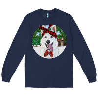 Navy Christmas White Shepherd With Cowhide Long Sleeve Tee - RanaPortraitStore