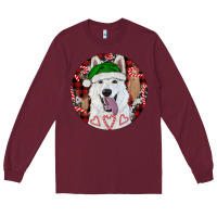 Burgundy Christmas White Shepherd With Buffalo Plaid Long Sleeve Tee - RanaPortraitStore