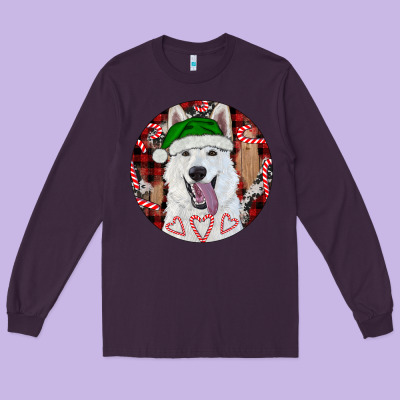 Long Sleeve Tee Christmas White Shepherd With Buffalo Plaid