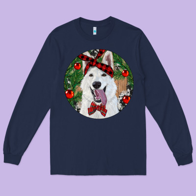 Long Sleeve Tee Christmas White Shepherd With Cowhide