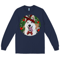 Navy Christmas White Shepherd With Cowhide Long Sleeve Tee - RanaPortraitStore