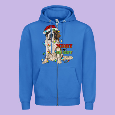 Merry And Bright Saint Bernard Zipper Hoodie Designed By Ranaportraitstore