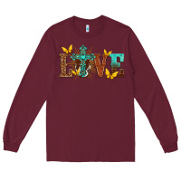 Burgundy love with cross Long Sleeve Tee - texasbilliewilder