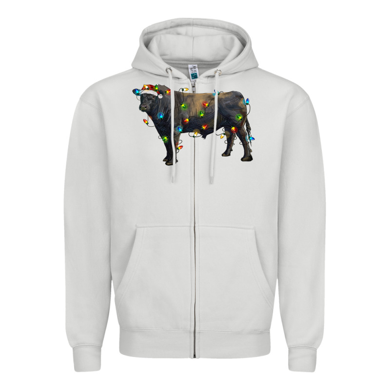 Christmas Black Angus Bull With Christmas Lights Zipper Hoodie by RanaPortraitStore | Teevron