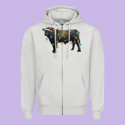 Christmas Black Angus Bull With Christmas Lights Zipper Hoodie Designed By Ranaportraitstore