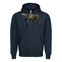 Navy christmas black angus bull with christmas lights Zipper Hoodie - RanaPortraitStore