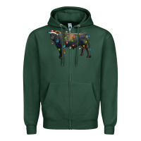Sports Green christmas black angus bull with christmas lights Zipper Hoodie - RanaPortraitStore