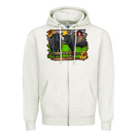 Oatmeal Heather black angus cattle and bull in barnyard Zipper Hoodie - RanaPortraitStore