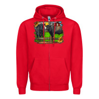 Red black angus cattle and bull in barnyard Zipper Hoodie - RanaPortraitStore