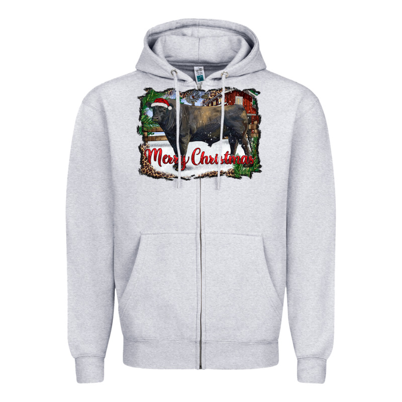 Merry Christmas Black Angus Bull And Farm Zipper Hoodie by RanaPortraitStore | Teevron
