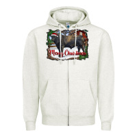 Oatmeal Heather merry christmas black angus bull and farm Zipper Hoodie - RanaPortraitStore