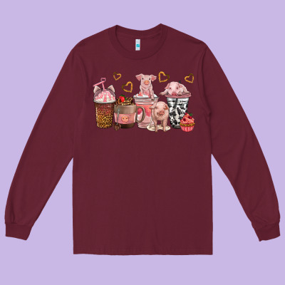 Long Sleeve Tee pigs coffee cups