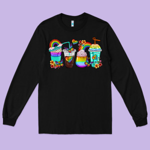 Rainbow Coffee Cups Long Sleeve Tee Designed By Texasbilliewilder