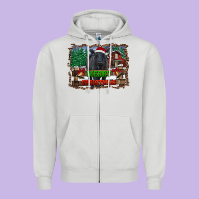 Merry Christmas Black Angus Cattle And Farm Zipper Hoodie Designed By Ranaportraitstore