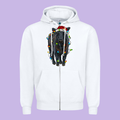 Christmas Black Angus Cattle With Lights Zipper Hoodie Designed By Ranaportraitstore