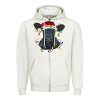 Oatmeal Heather christmas baby black angus calf with lights Zipper Hoodie - RanaPortraitStore
