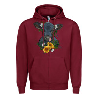 Burgundy baby cow black angus calf with flowers Zipper Hoodie - RanaPortraitStore
