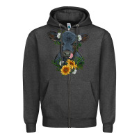 Charcoal Heather baby cow black angus calf with flowers Zipper Hoodie - RanaPortraitStore