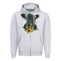 Heather Grey baby cow black angus calf with flowers Zipper Hoodie - RanaPortraitStore