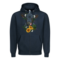 Navy baby cow black angus calf with flowers Zipper Hoodie - RanaPortraitStore