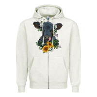 Oatmeal Heather baby cow black angus calf with flowers Zipper Hoodie - RanaPortraitStore