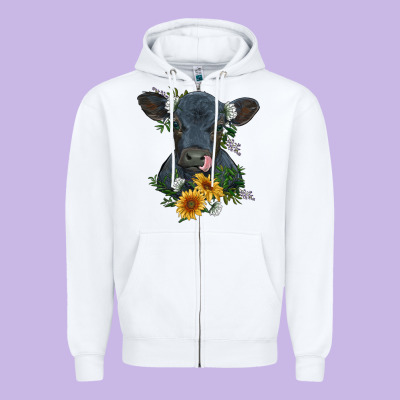 Baby Cow Black Angus Calf With Flowers Zipper Hoodie Designed By Ranaportraitstore