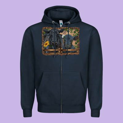 Western Black Angus Cattle And Calf With Leopard Zipper Hoodie Designed By Ranaportraitstore