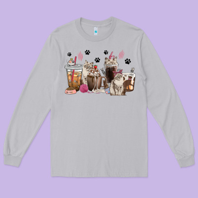 Long Sleeve Tee siberian cat coffee cups