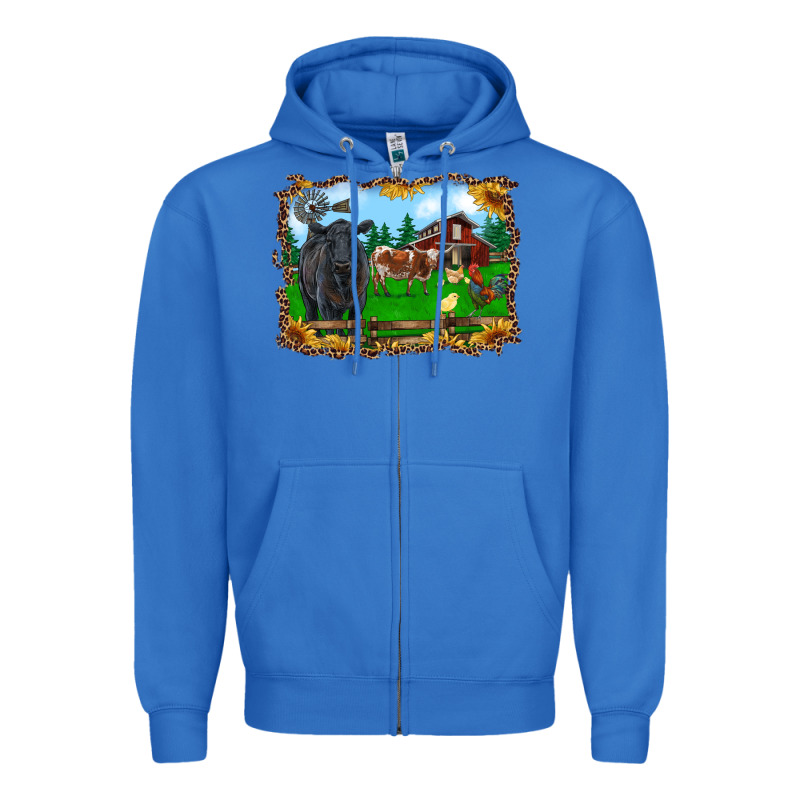 Western Barnyard Black Angus Cattle Longhorn Rooster And Chicks Zipper Hoodie by RanaPortraitStore | Teevron