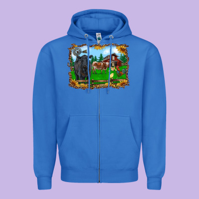 Western Barnyard Black Angus Cattle Longhorn Rooster And Chicks Zipper Hoodie Designed By Ranaportraitstore