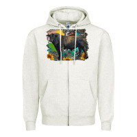 Oatmeal Heather black angus bull with aztec and farm background Zipper Hoodie - RanaPortraitStore