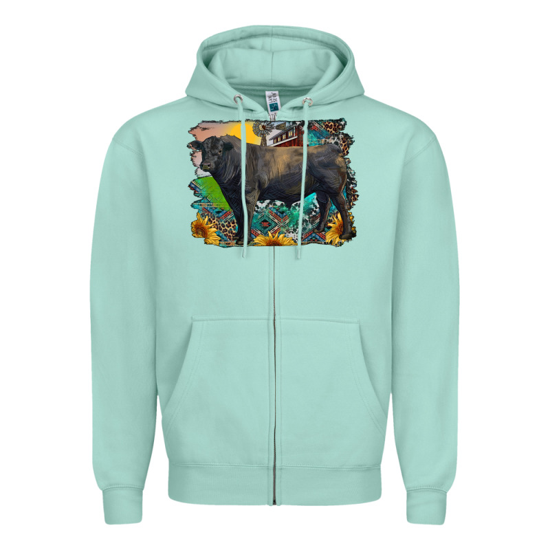 Black Angus Bull With Aztec And Farm Background Zipper Hoodie by RanaPortraitStore | Teevron