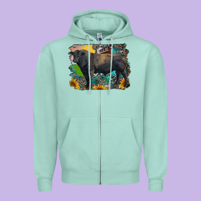Black Angus Bull With Aztec And Farm Background Zipper Hoodie Designed By Ranaportraitstore