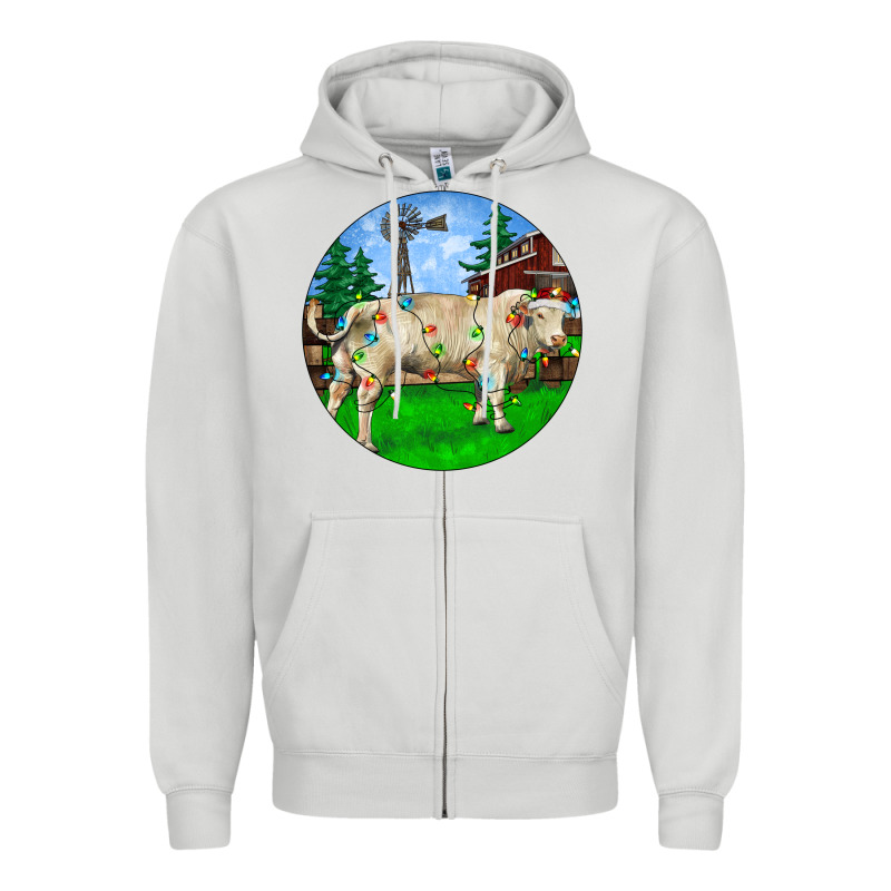 Christmas Charolais Bull And Barnyard Zipper Hoodie by RanaPortraitStore | Teevron