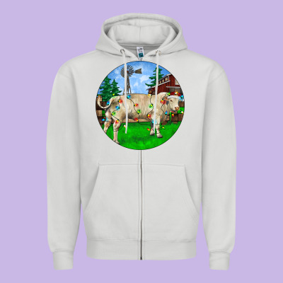 Christmas Charolais Bull And Barnyard Zipper Hoodie Designed By Ranaportraitstore