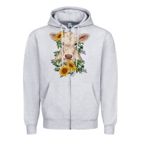 Heather Grey charolais calf with sunflowers Zipper Hoodie - RanaPortraitStore