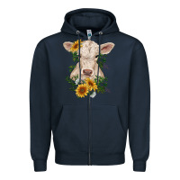 Navy charolais calf with sunflowers Zipper Hoodie - RanaPortraitStore