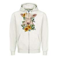 Oatmeal Heather charolais calf with sunflowers Zipper Hoodie - RanaPortraitStore