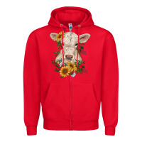Red charolais calf with sunflowers Zipper Hoodie - RanaPortraitStore